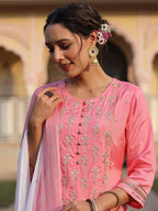 Juniper Women's Pink Solid Viscose Kurta Pant & Dupatta With Mirror Work & Gota Patti