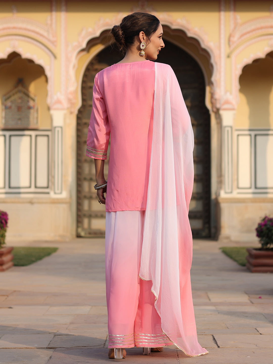 Juniper Women's Pink Solid Viscose Kurta Pant & Dupatta With Mirror Work & Gota Patti