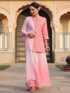 Juniper Women's Pink Solid Viscose Kurta Pant & Dupatta With Mirror Work & Gota Patti