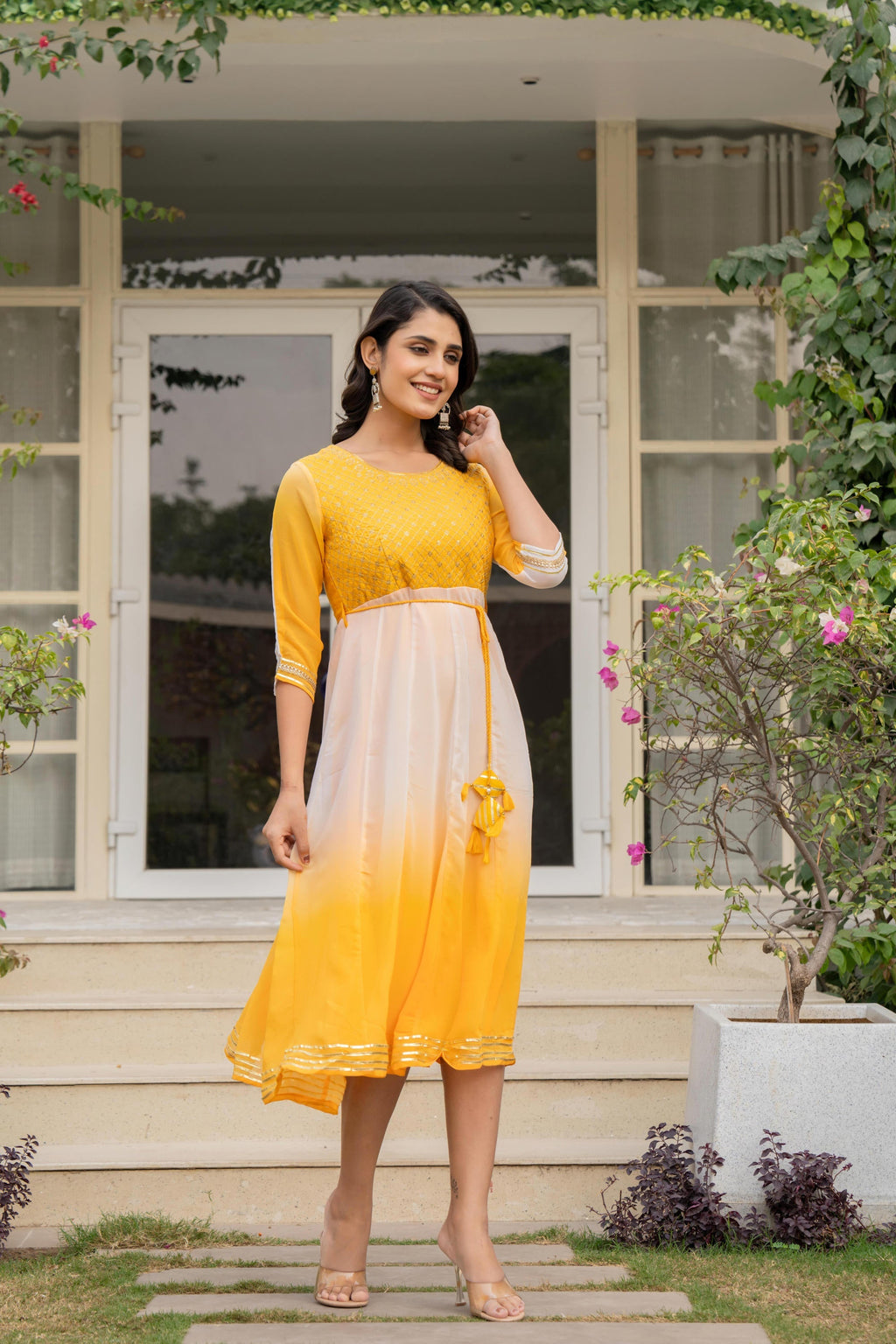 Juniper Women's Yellow Printed Georgette Dress With Doris At Waist & Sequins - Distacart