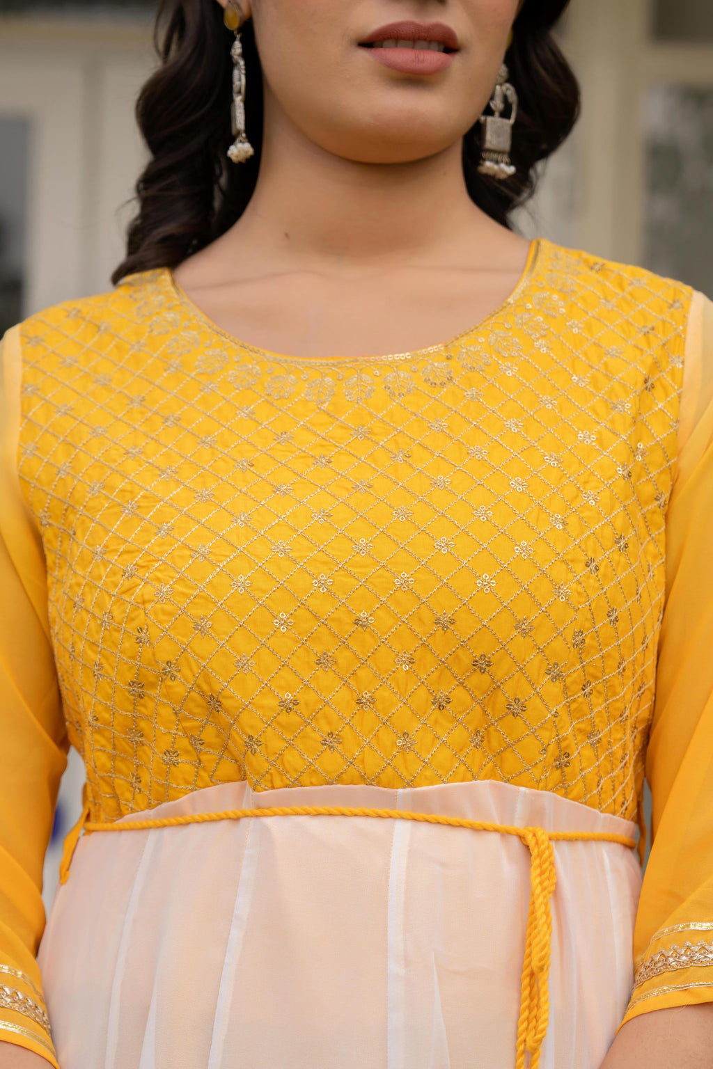 Juniper Women's Yellow Printed Georgette Dress With Doris At Waist & Sequins - Distacart