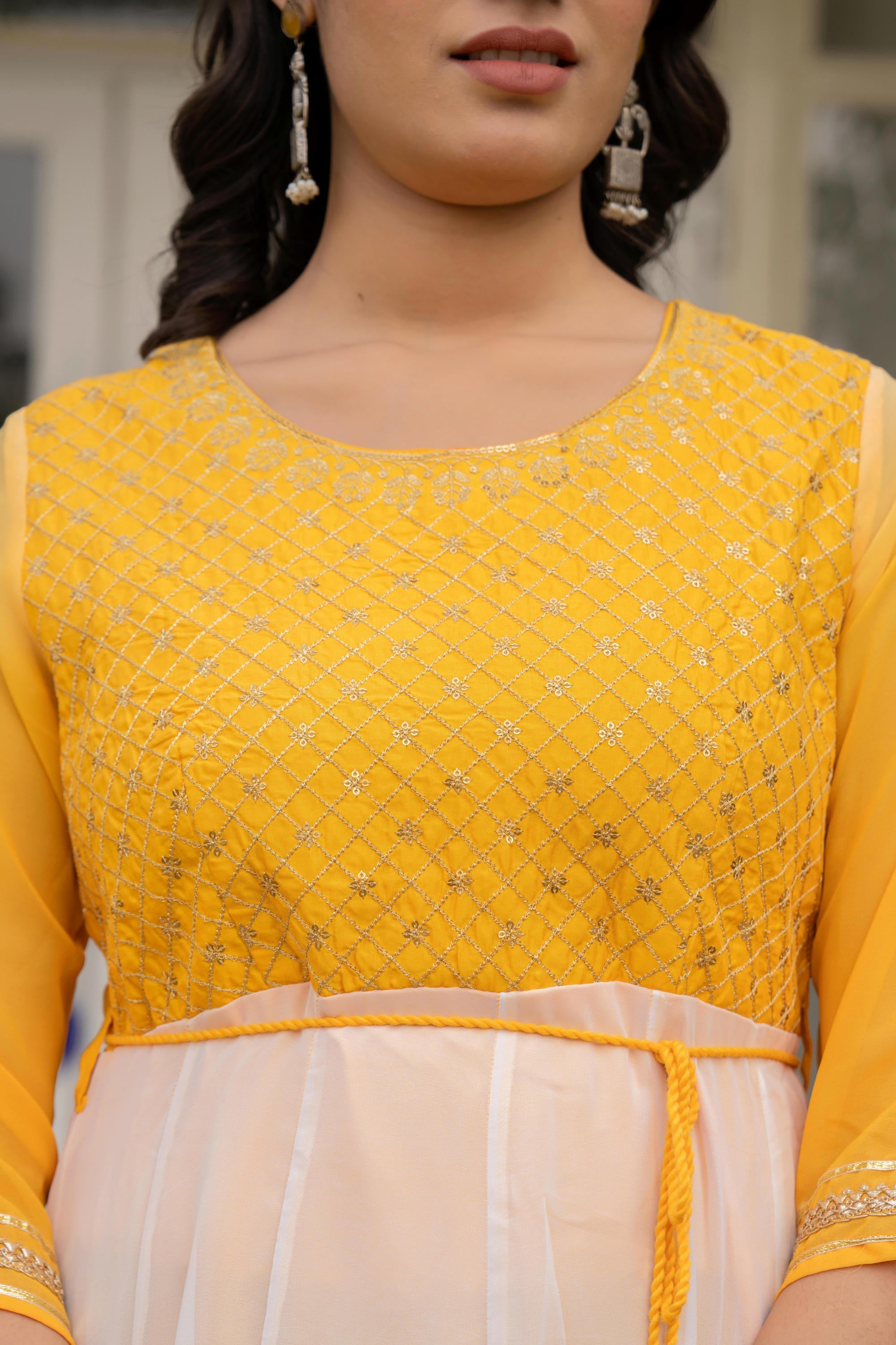 Juniper Women's Yellow Printed Georgette Dress With Doris At Waist & Sequins - Distacart