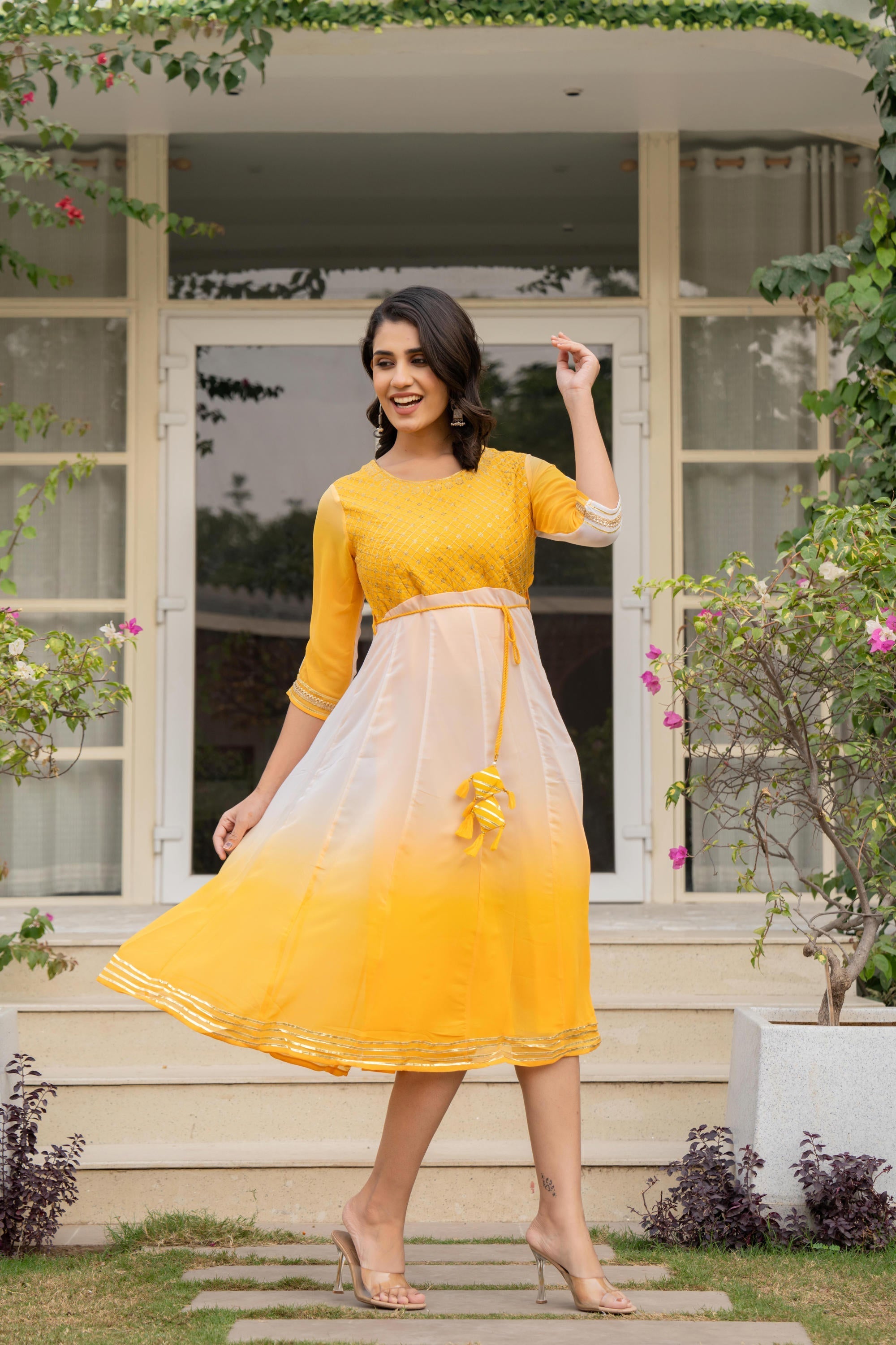 Juniper Women's Yellow Printed Georgette Dress With Doris At Waist & Sequins - Distacart