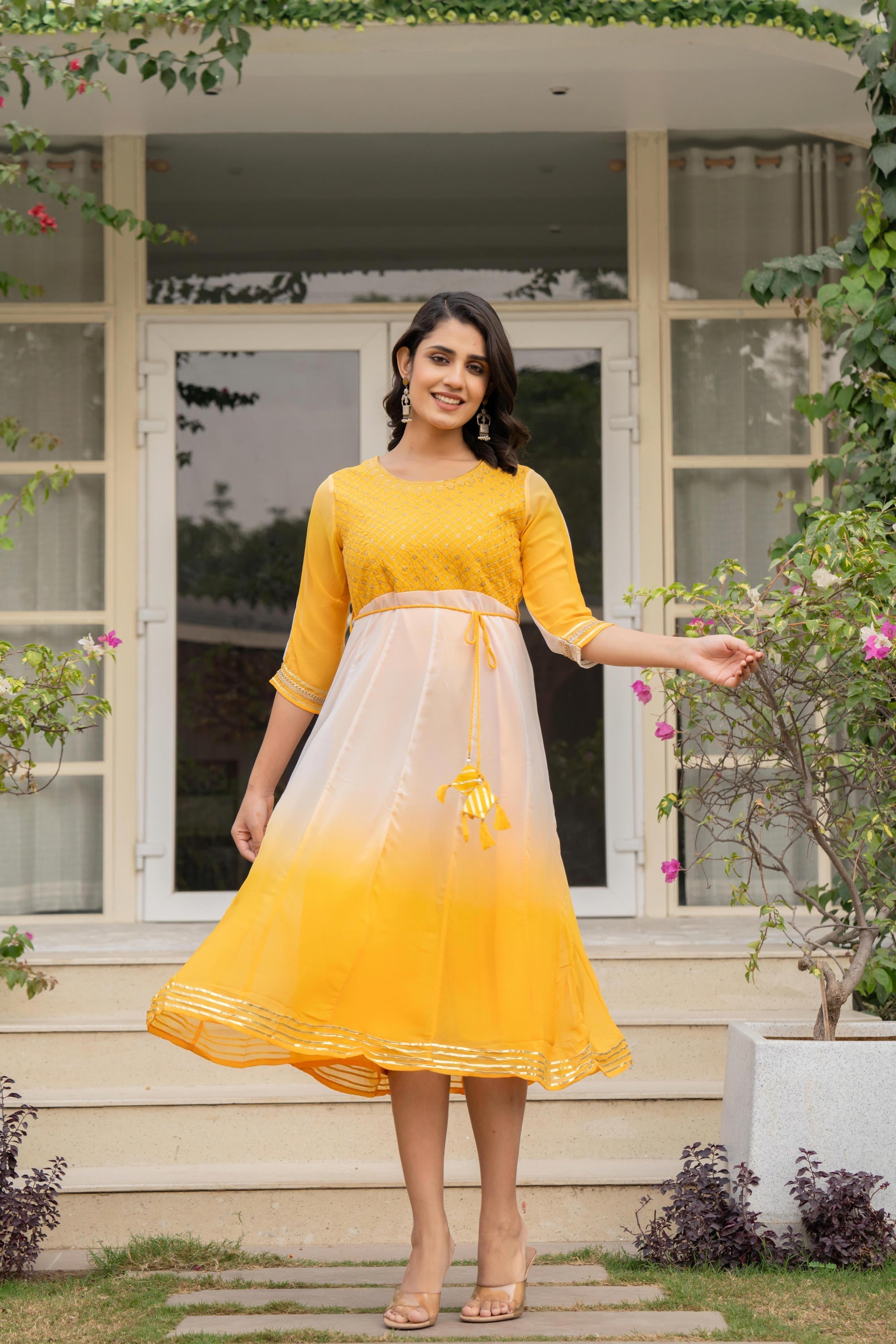 Juniper Women's Yellow Printed Georgette Dress With Doris At Waist & Sequins - Distacart
