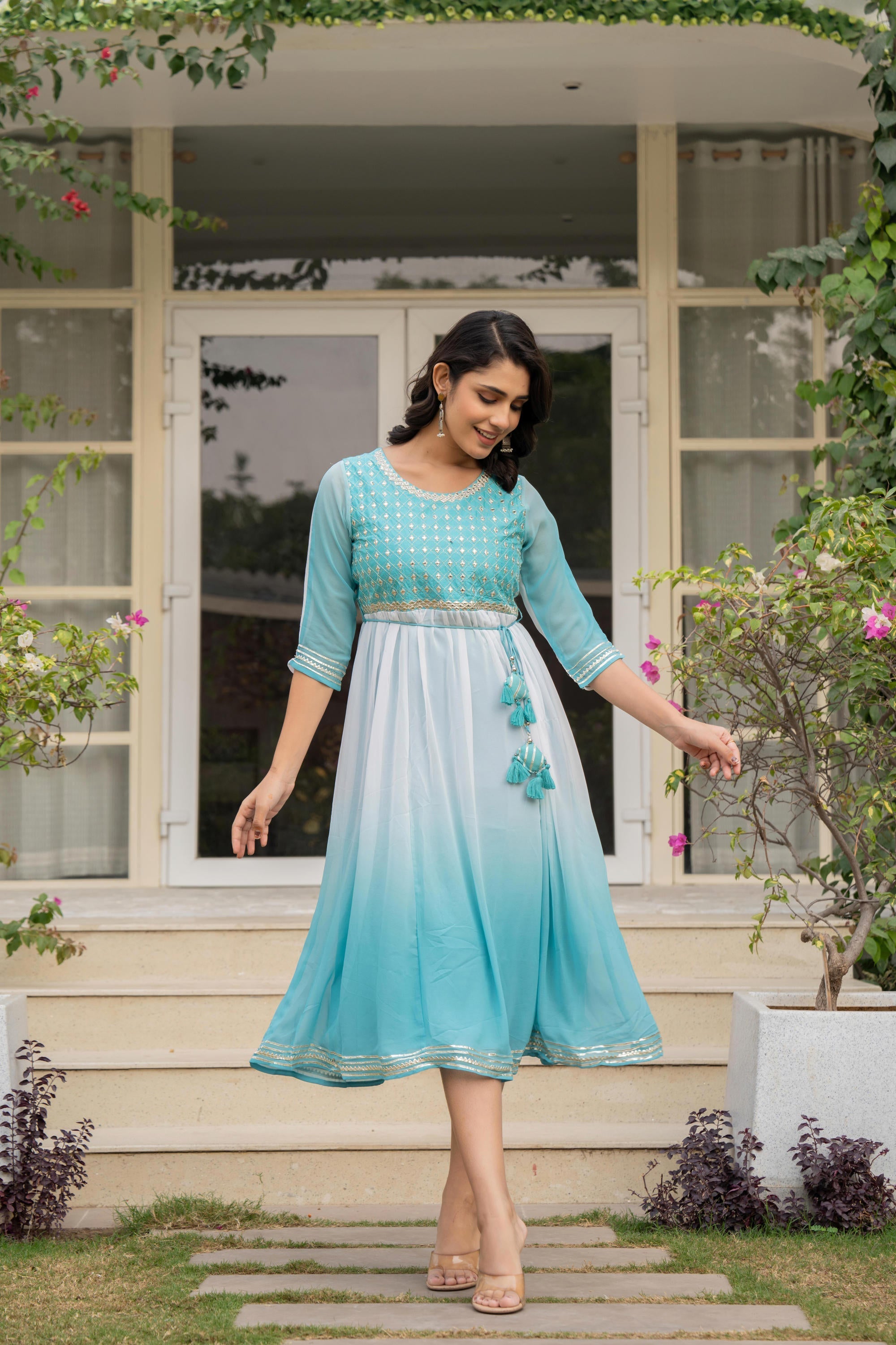 Juniper Women's Teal Solid Georgette Dress With Doris At Waist & Mirror Work - Distacart