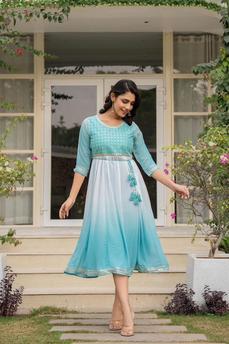 Juniper Women's Teal Solid Georgette Dress With Doris At Waist & Mirror Work