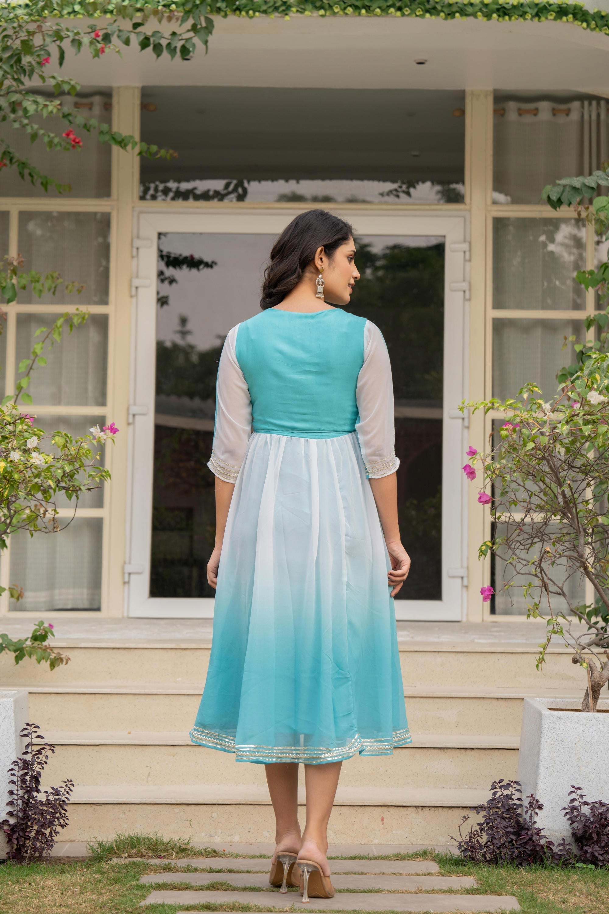 Juniper Women's Teal Solid Georgette Dress With Doris At Waist & Mirror Work - Distacart