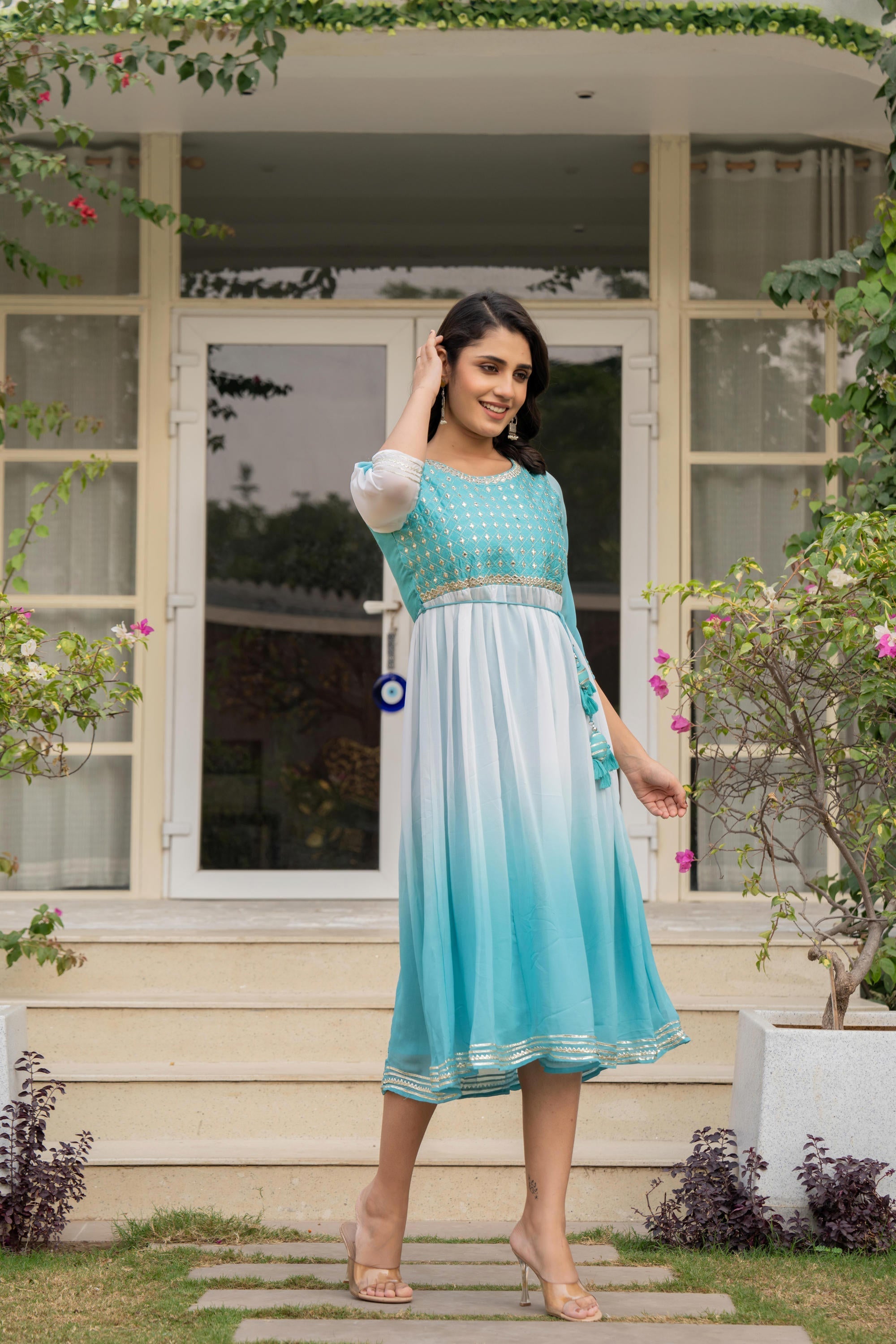 Juniper Women's Teal Solid Georgette Dress With Doris At Waist & Mirror Work - Distacart