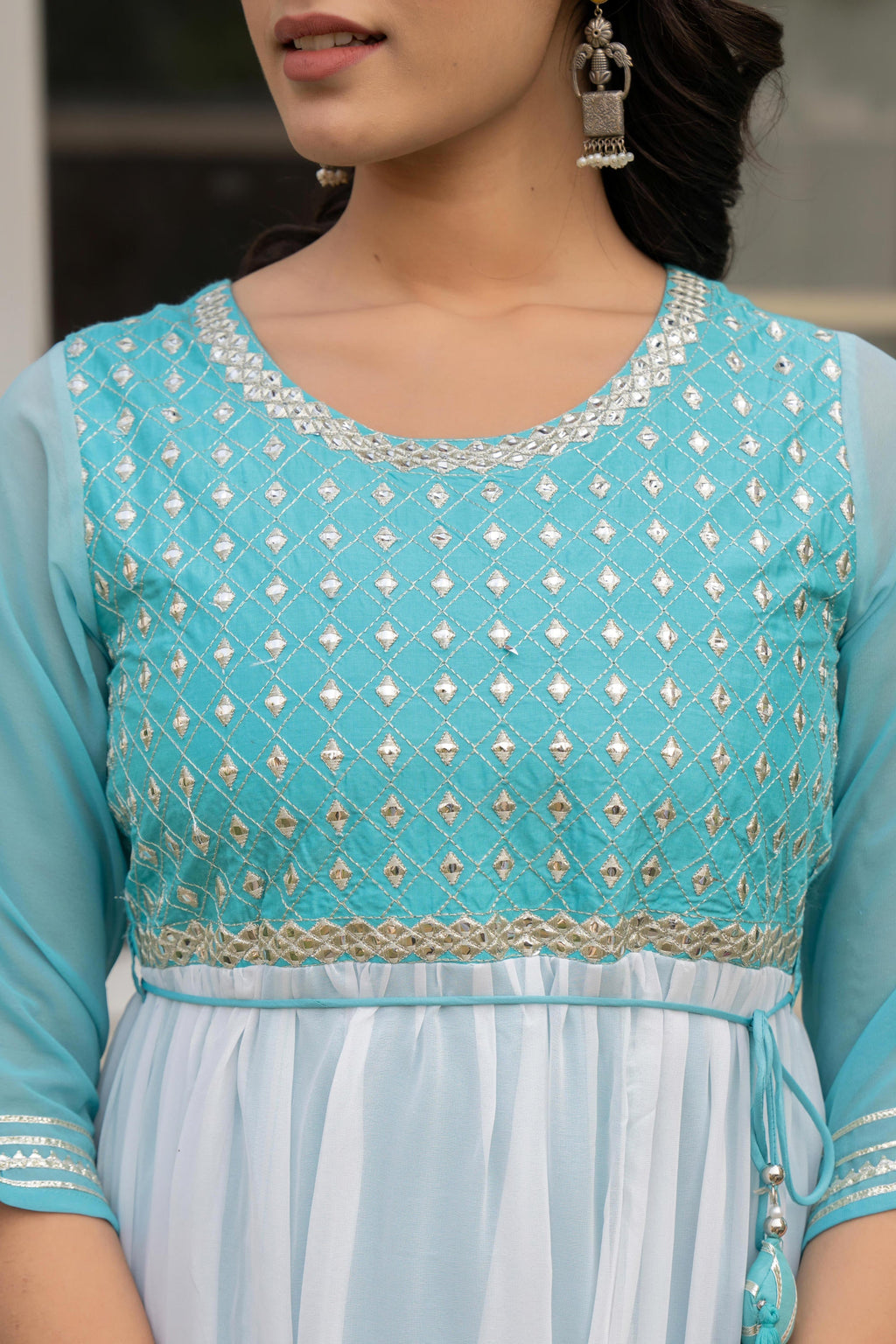 Juniper Women's Teal Solid Georgette Dress With Doris At Waist & Mirror Work - Distacart