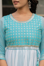 Juniper Women's Teal Solid Georgette Dress With Doris At Waist & Mirror Work - Distacart