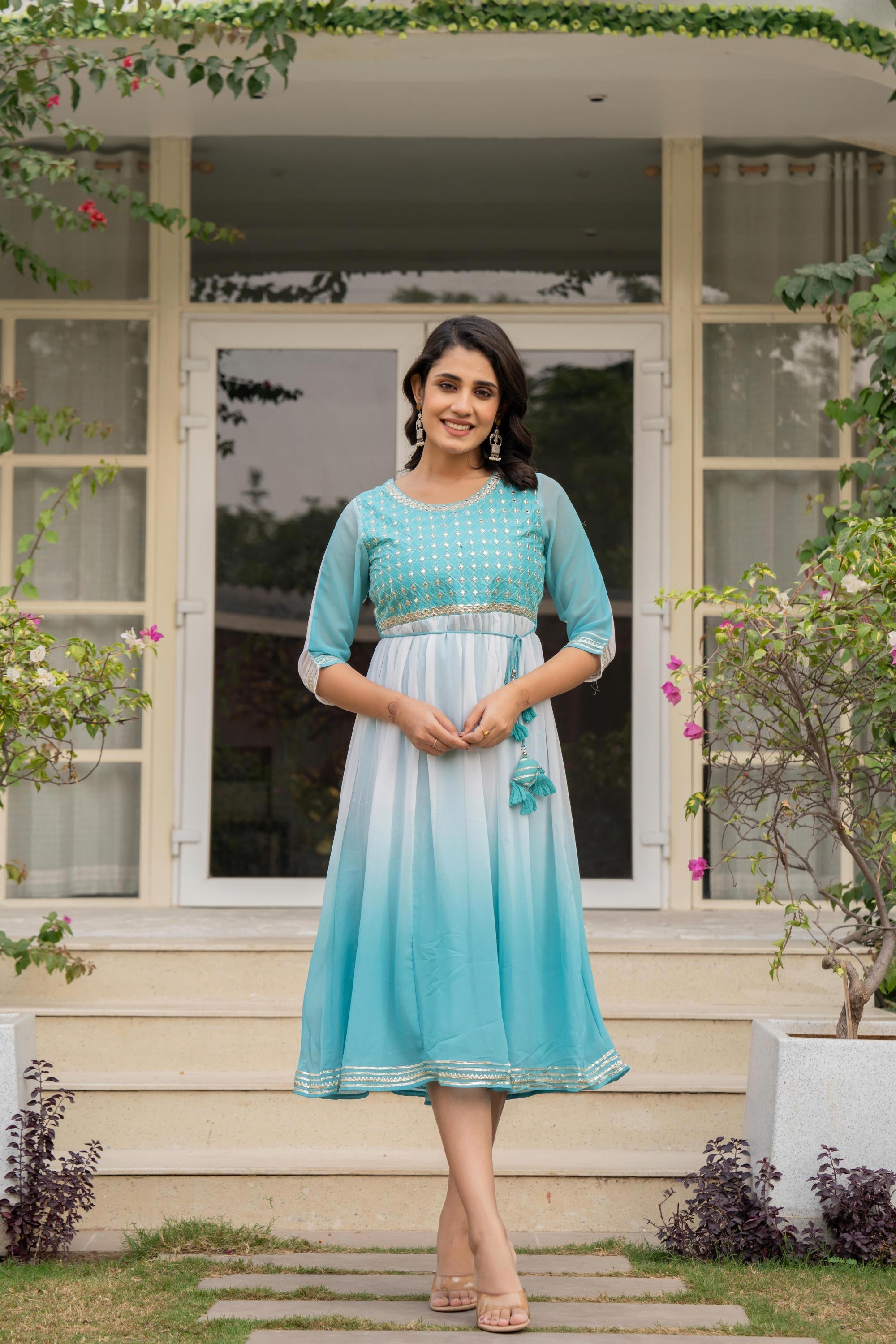 Juniper Women's Teal Solid Georgette Dress With Doris At Waist & Mirror Work - Distacart