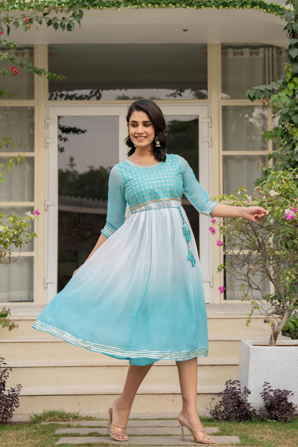 Juniper Women's Teal Solid Georgette Dress With Doris At Waist & Mirror Work - Distacart
