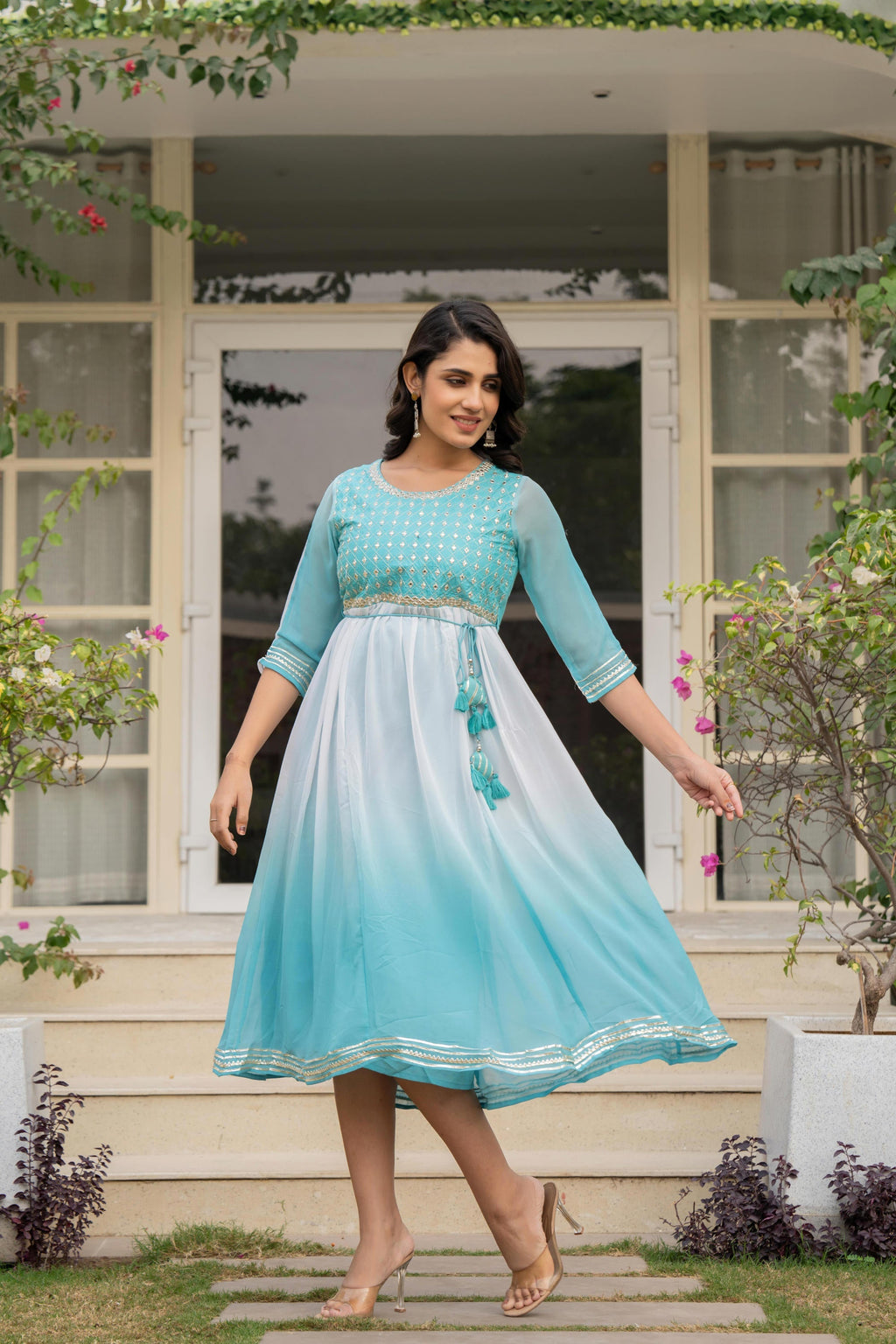 Juniper Women's Teal Solid Georgette Dress With Doris At Waist & Mirror Work - Distacart