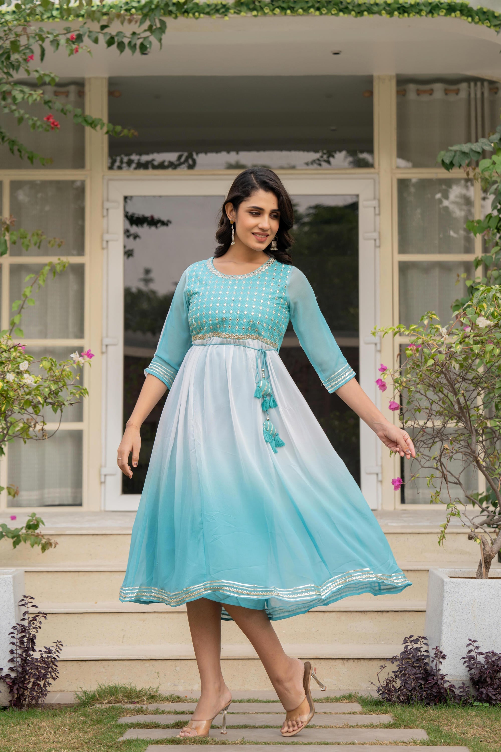 Juniper Women's Teal Solid Georgette Dress With Doris At Waist & Mirror Work - Distacart