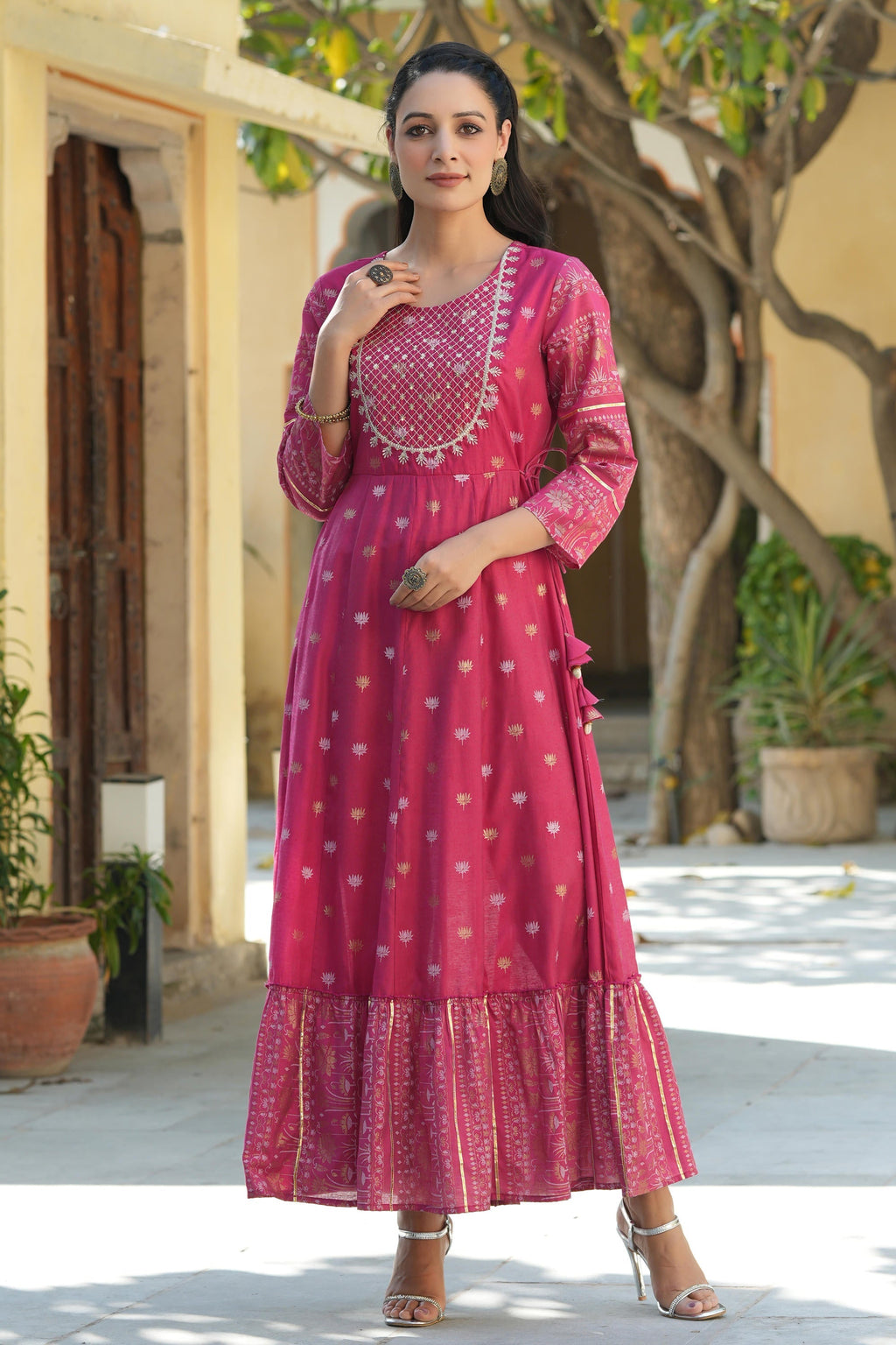 Juniper Women's Fuchsia Ethnic Motif Printed Viscose Dress With Doris & Sequins - Distacart