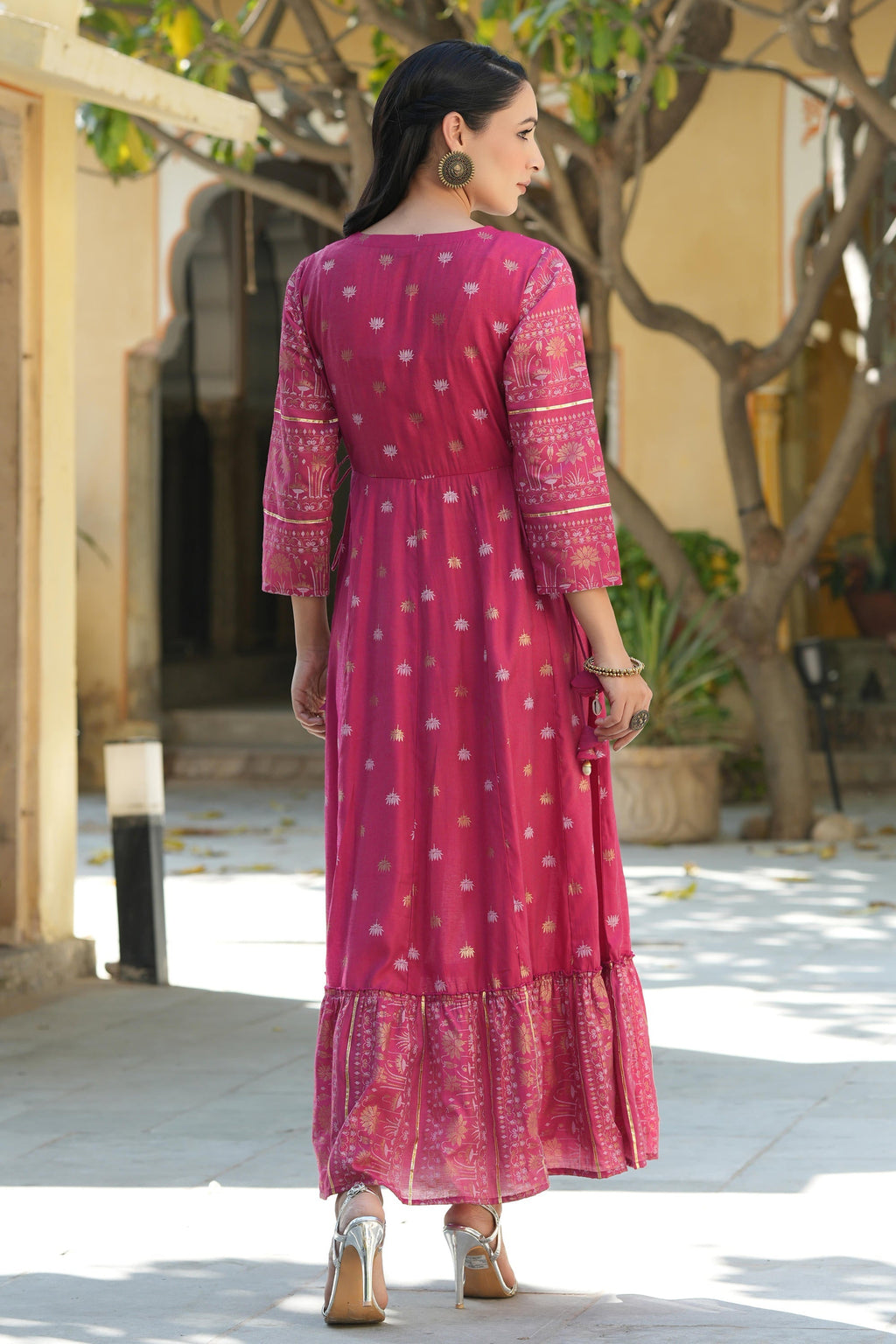 Juniper Women's Fuchsia Ethnic Motif Printed Viscose Dress With Doris & Sequins - Distacart