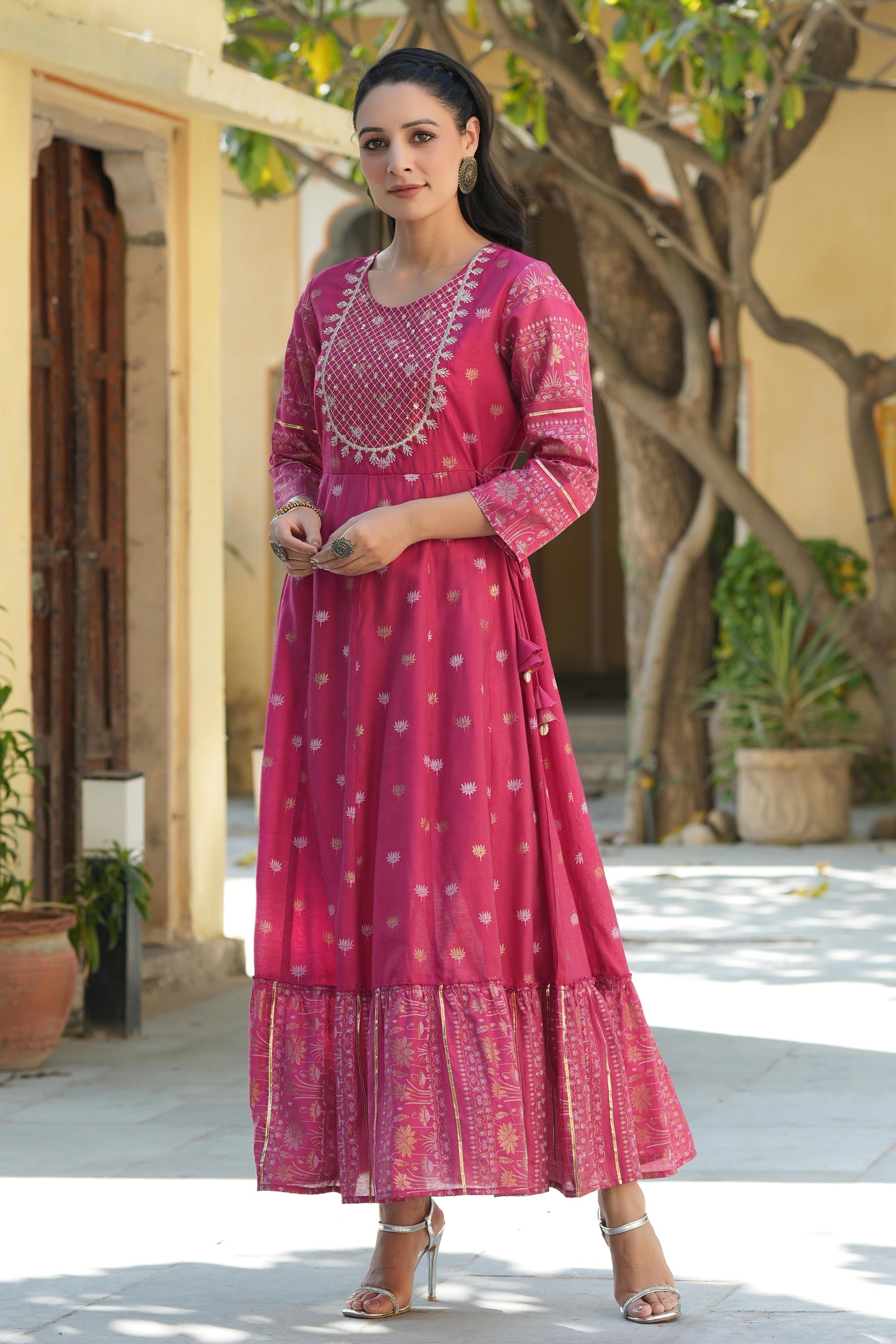 Juniper Women's Fuchsia Ethnic Motif Printed Viscose Dress With Doris & Sequins - Distacart
