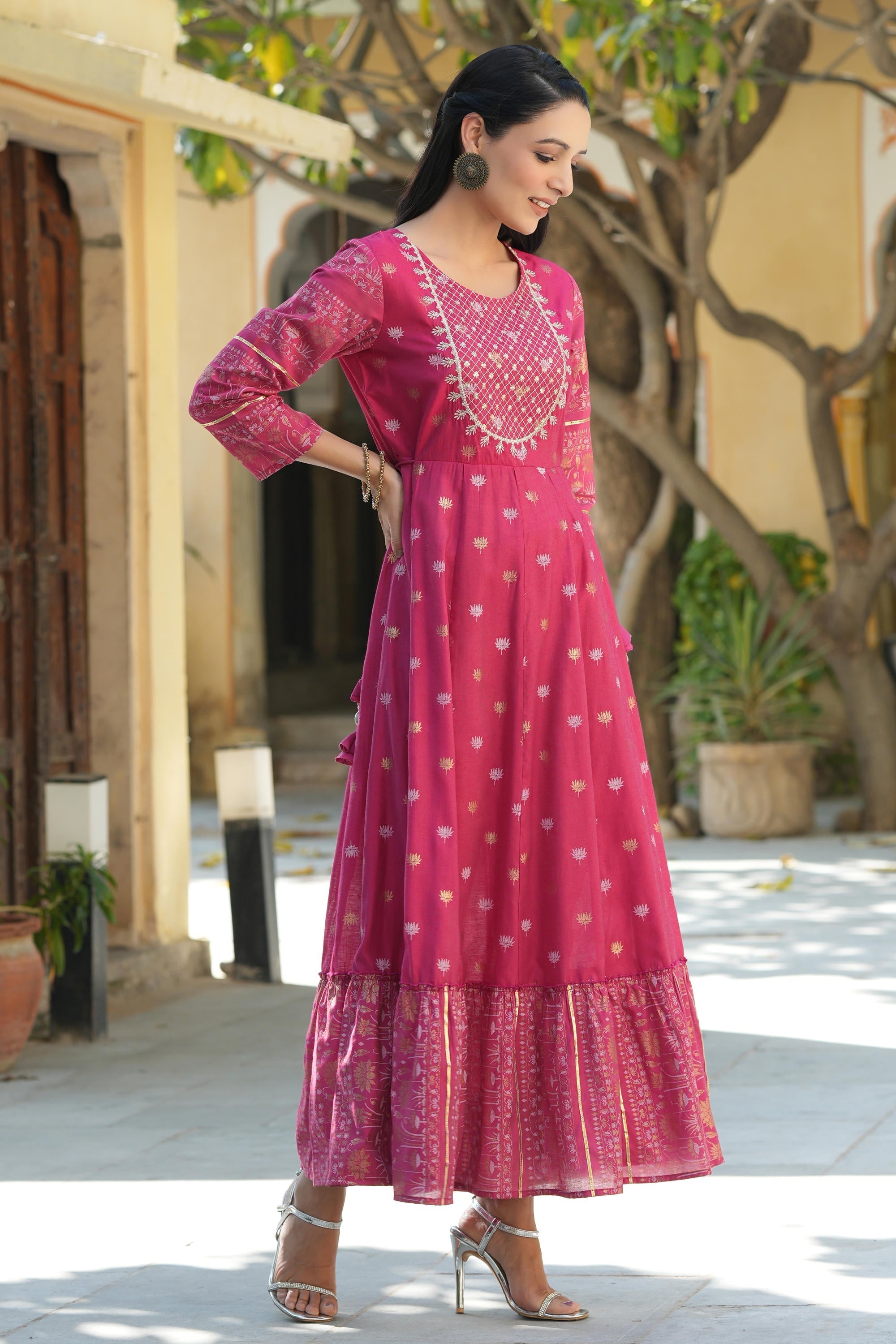 Juniper Women's Fuchsia Ethnic Motif Printed Viscose Dress With Doris & Sequins - Distacart