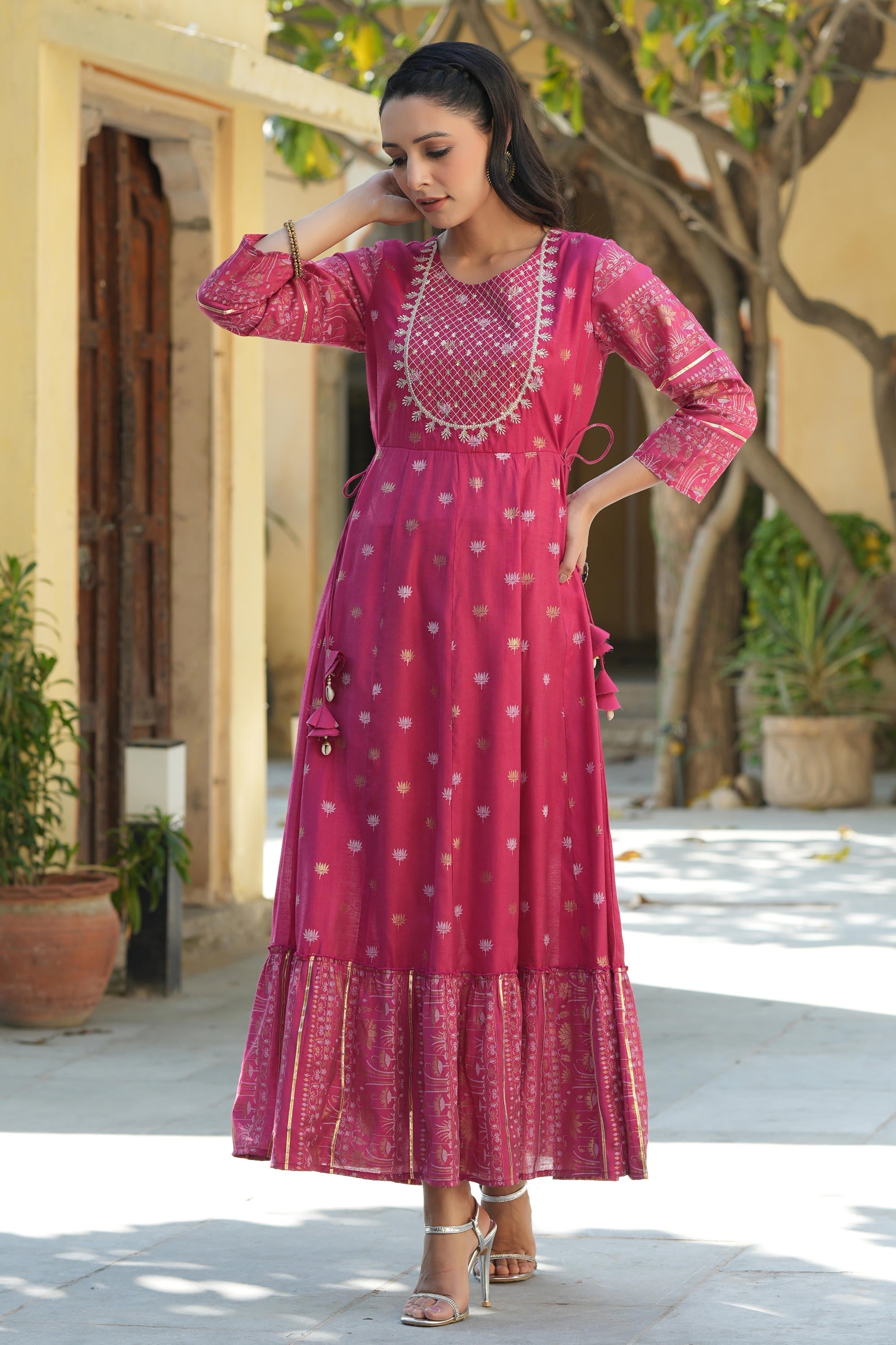 Juniper Women's Fuchsia Ethnic Motif Printed Viscose Dress With Doris & Sequins - Distacart