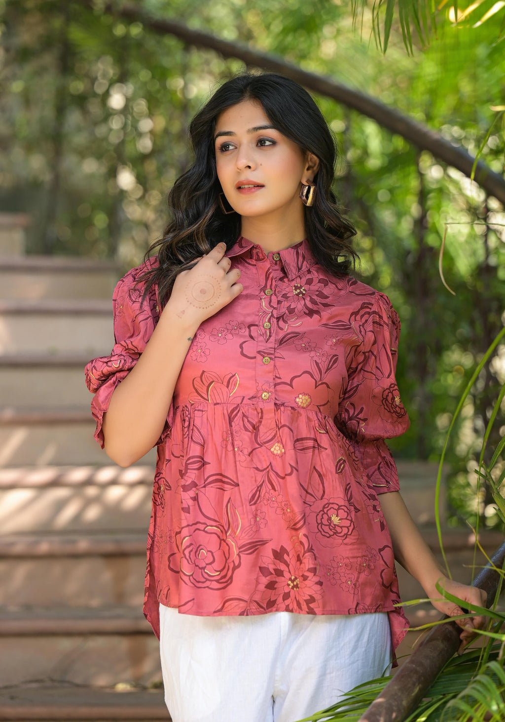 Juniper Women's Rust Floral Printed Shantoon Tunic With Buttons