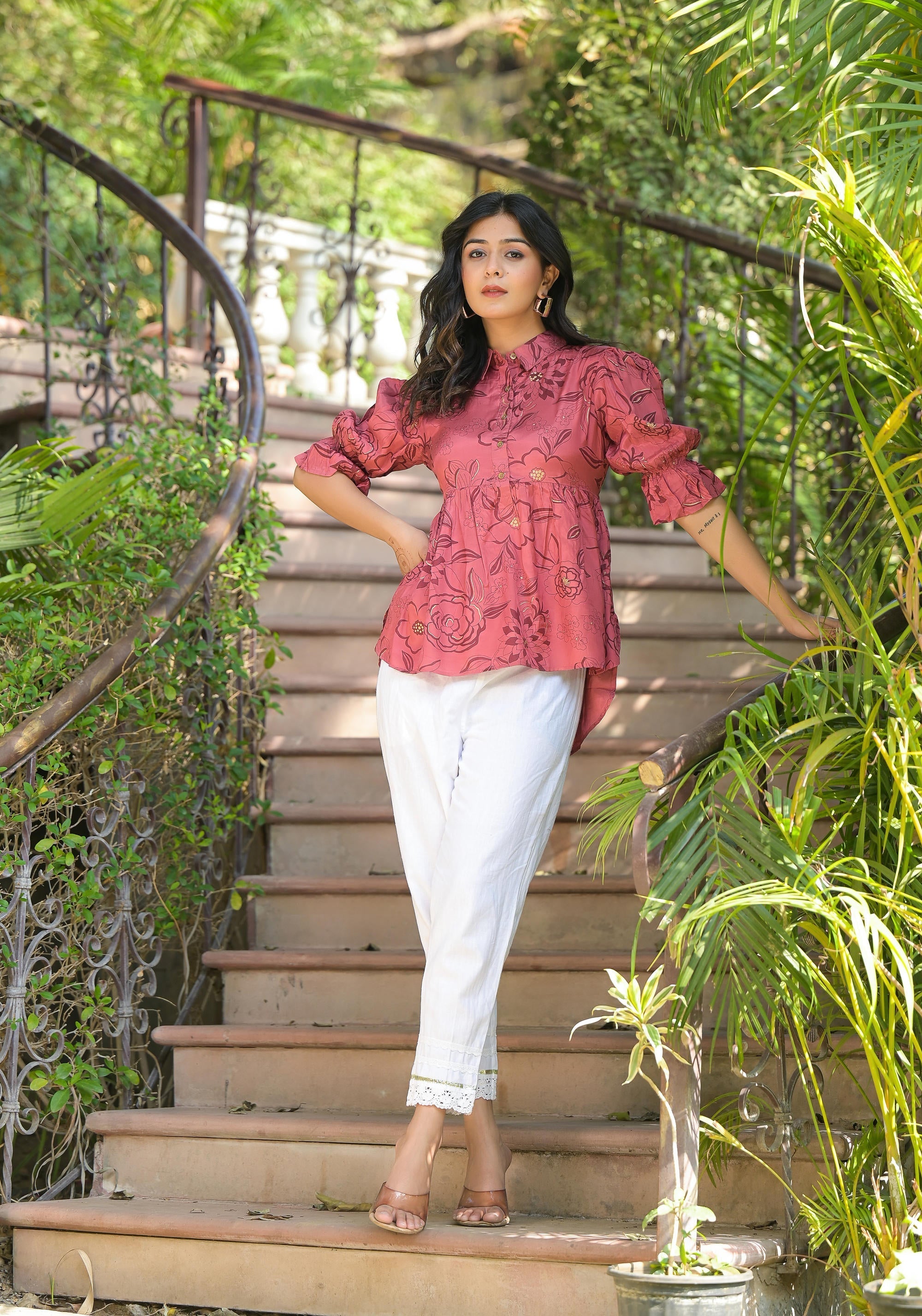 Juniper Women's Rust Floral Printed Shantoon Tunic With Buttons