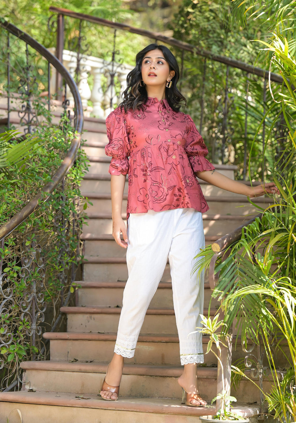 Juniper Women's Rust Floral Printed Shantoon Tunic With Buttons