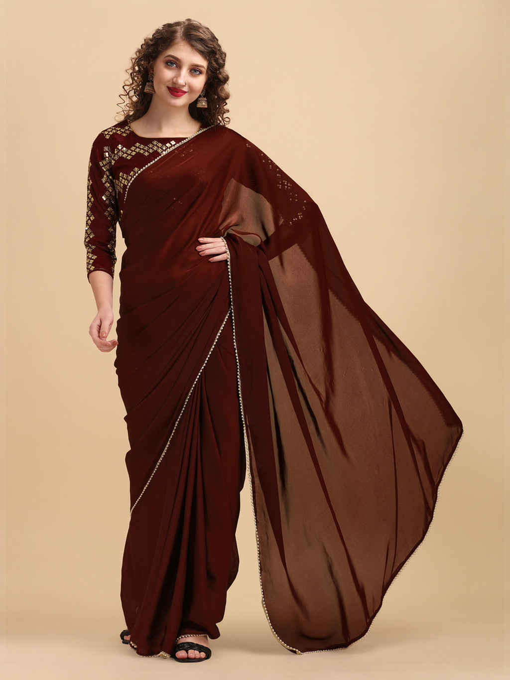 Sangria Coffee Brown & Golden Embroidered Satin Saree - Distacart