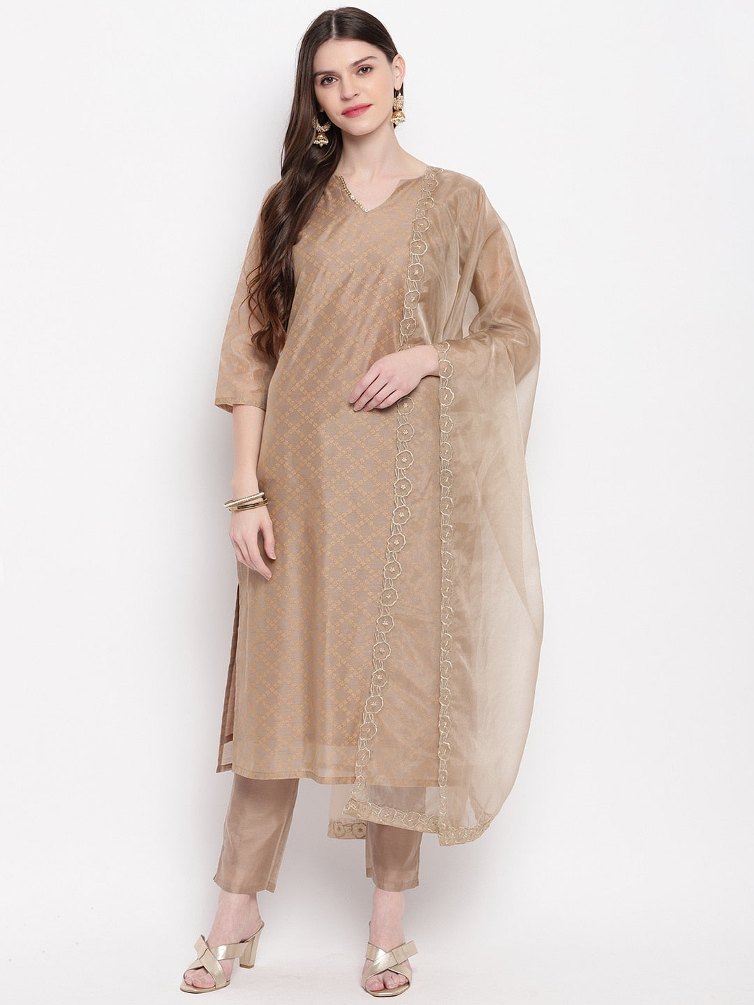 Janasya Brown Printed Kurta with Trousers & Dupatta - Distacart