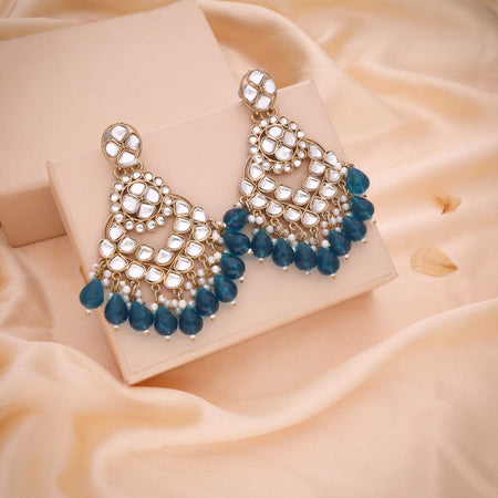 Tehzeeb Creations Gold Polish Kundan Sky Blue Colour Earrings