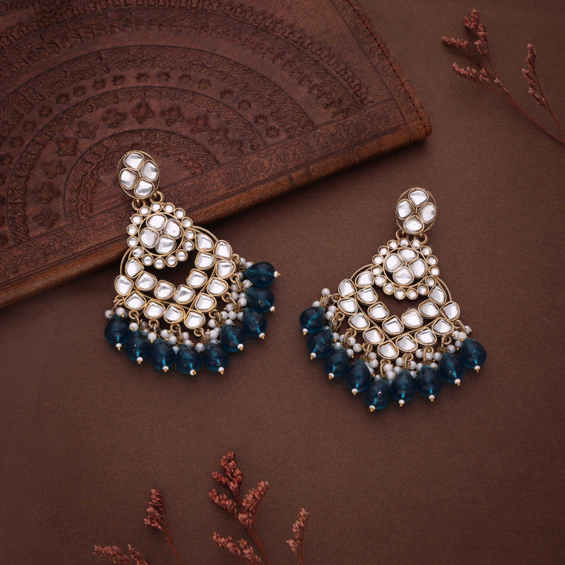 Tehzeeb Creations Gold Polish Kundan Sky Blue Colour Earrings - Distacart
