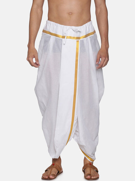 Sethukrishna Men White & Gold-Coloured Solid Readymade Cotton Dhoti Pant