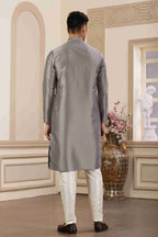 Raivat Ethnic Banarasi Art Silk Hand Work Kurta Pajama In Grey Colour