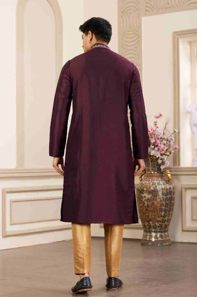 Raivat Ethnic Banarasi Art Silk Hand Work Kurta Pajama In Wine Colour