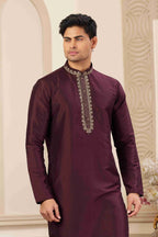 Raivat Ethnic Banarasi Art Silk Hand Work Kurta Pajama In Wine Colour