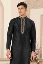 Raivat Ethnic Banarasi Art Silk Hand Work Kurta Pajama In Black Colour