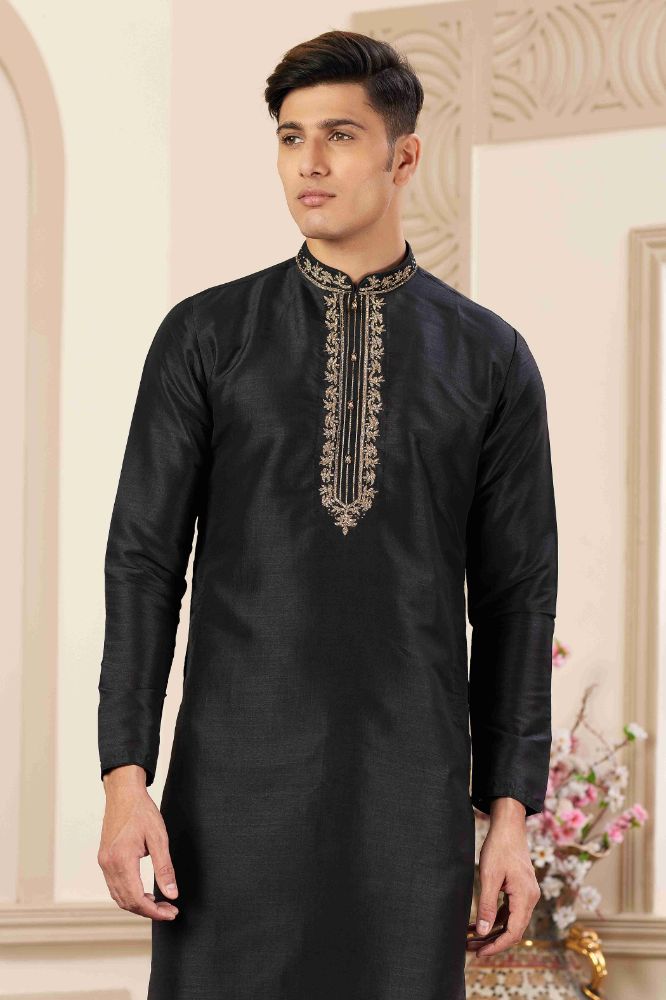 Raivat Ethnic Banarasi Art Silk Hand Work Kurta Pajama In Black Colour