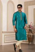 Raivat Ethnic Banarasi Art Silk Hand Work Kurta Pajama In Teal Green Colour