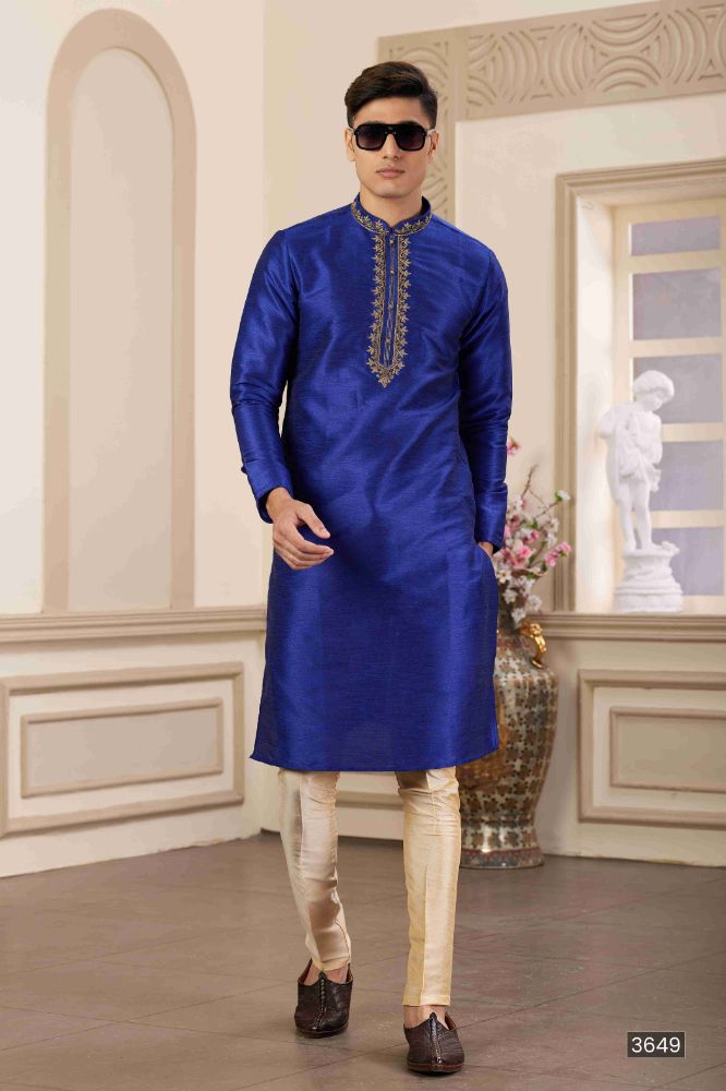 Raivat Ethnic Banarasi Art Silk Hand Work Kurta Pajama In Blue Colour