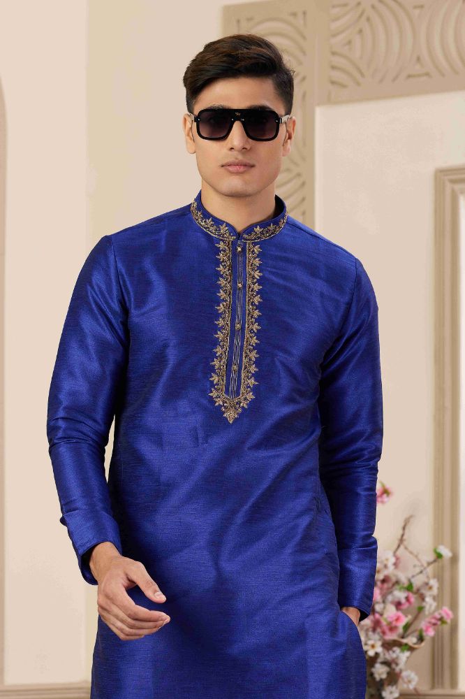 Raivat Ethnic Banarasi Art Silk Hand Work Kurta Pajama In Blue Colour