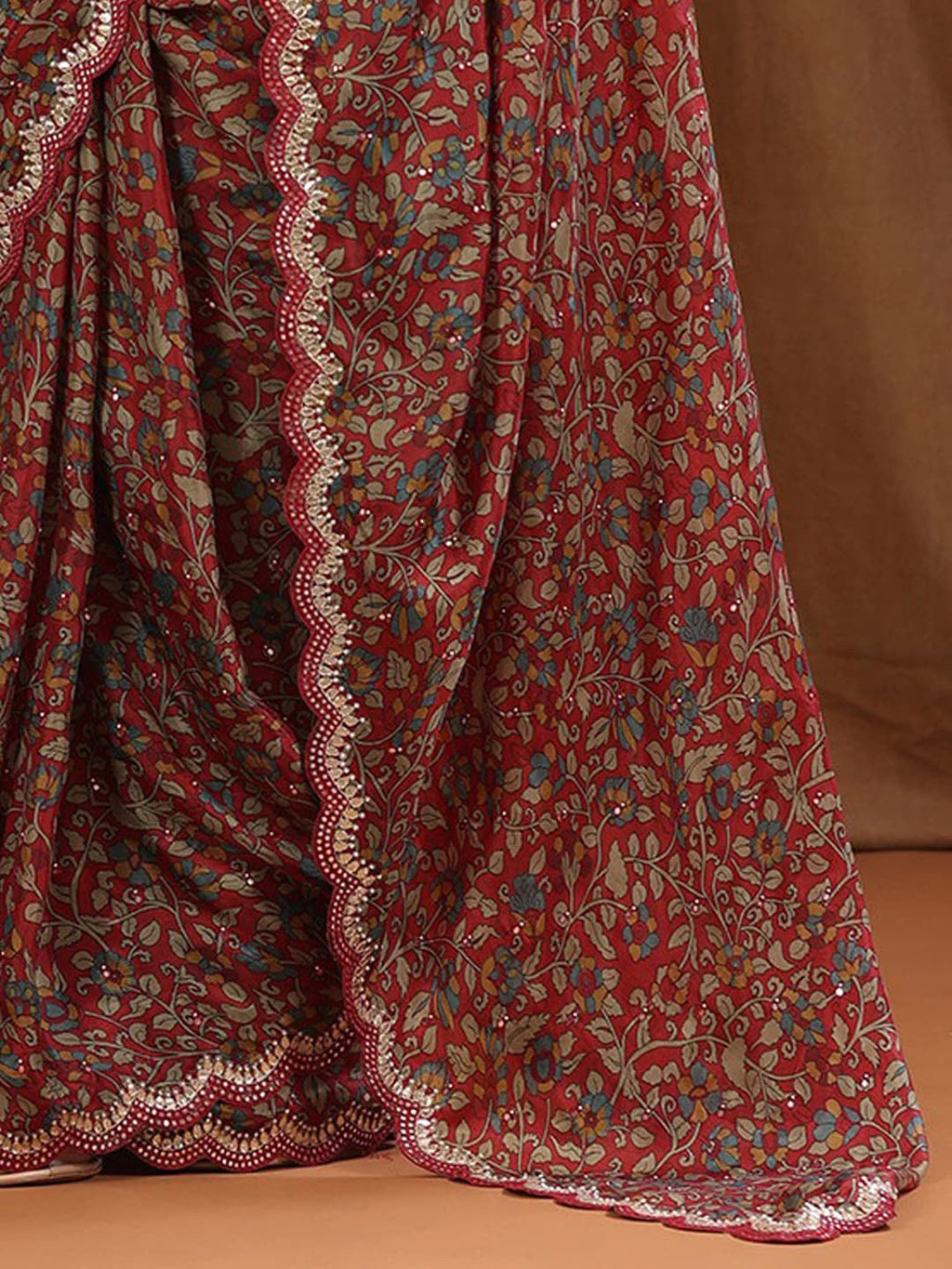 Sangria Maroon Floral Printed Beads And Stones Sarees - Distacart