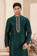 Raivat Ethnic Banarasi Art Silk Hand Work Kurta Pajama In Green Colour