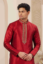 Raivat Ethnic Banarasi Art Silk Hand Work Kurta Pajama In Maroon Colour