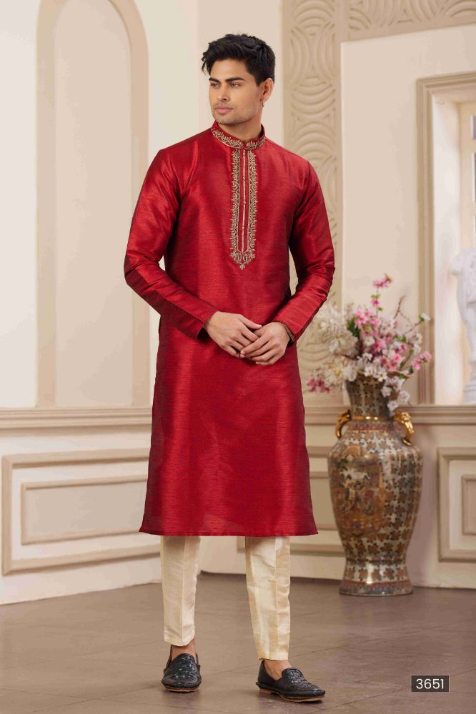Raivat Ethnic Banarasi Art Silk Hand Work Kurta Pajama In Maroon Colour