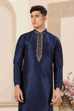Raivat Ethnic Banarasi Art Silk Hand Work Kurta Pajama In Blue Colour