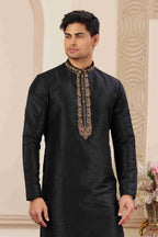 Raivat Ethnic Banarasi Art Silk Hand Work Kurta Pajama In Black Colour