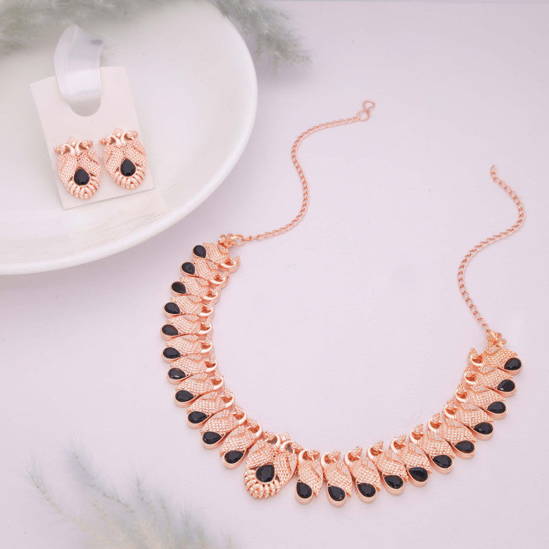 Tehzeeb Creations Rose Gold Black Colour Necklace With Pair Of Earrings