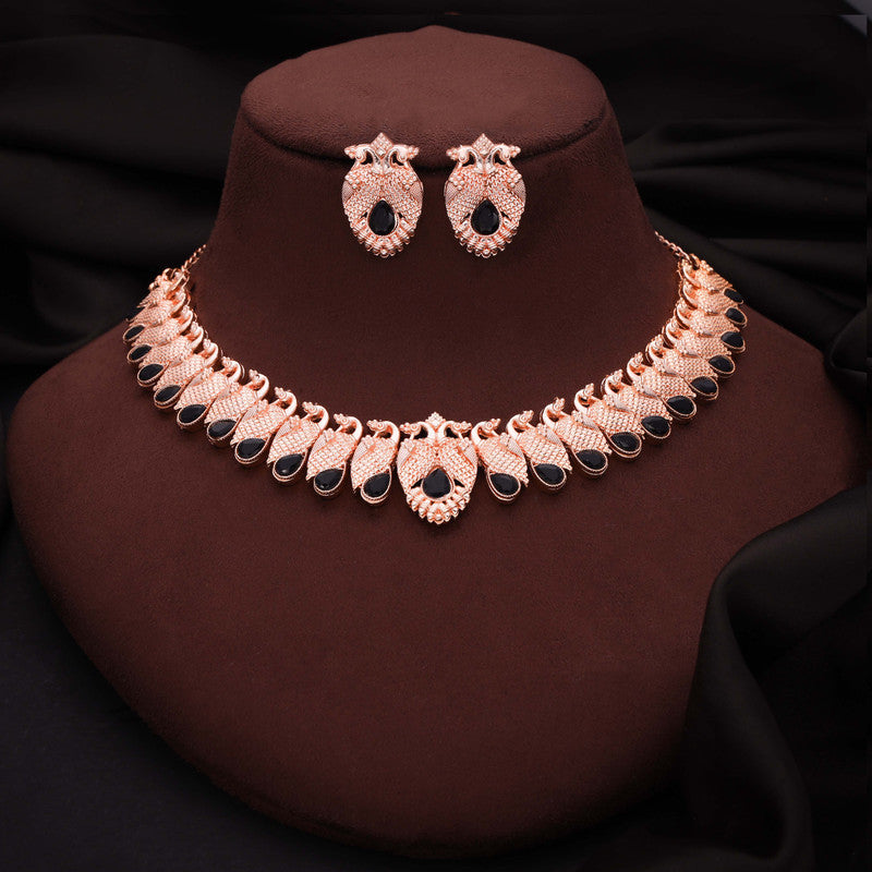 Tehzeeb Creations Rose Gold Black Colour Necklace With Pair Of Earrings