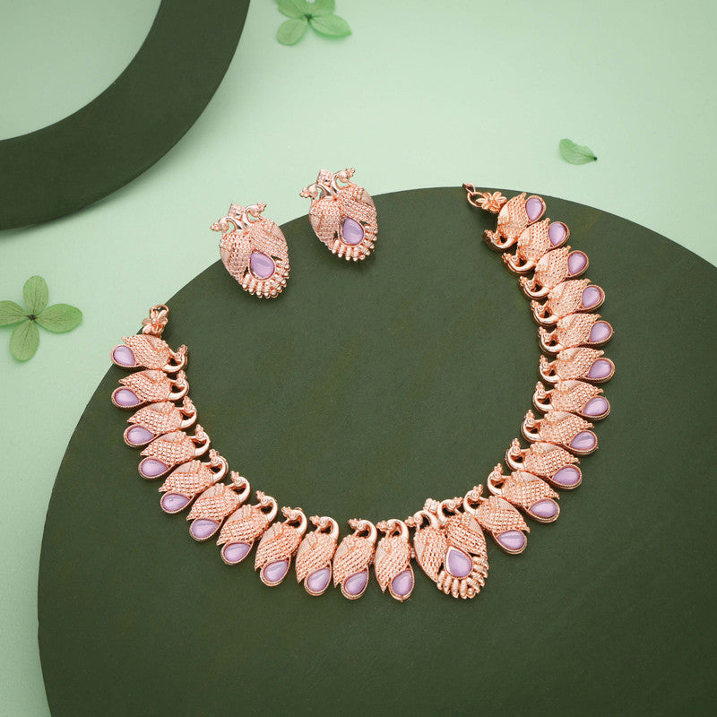 Tehzeeb Creations Rose Gold Lavender Colour Necklace With Pair Of Earrings