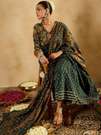 Indo Era Floral Printed Empire Pure Cotton A-Line Kurta With Trousers & Dupatta - Distacart