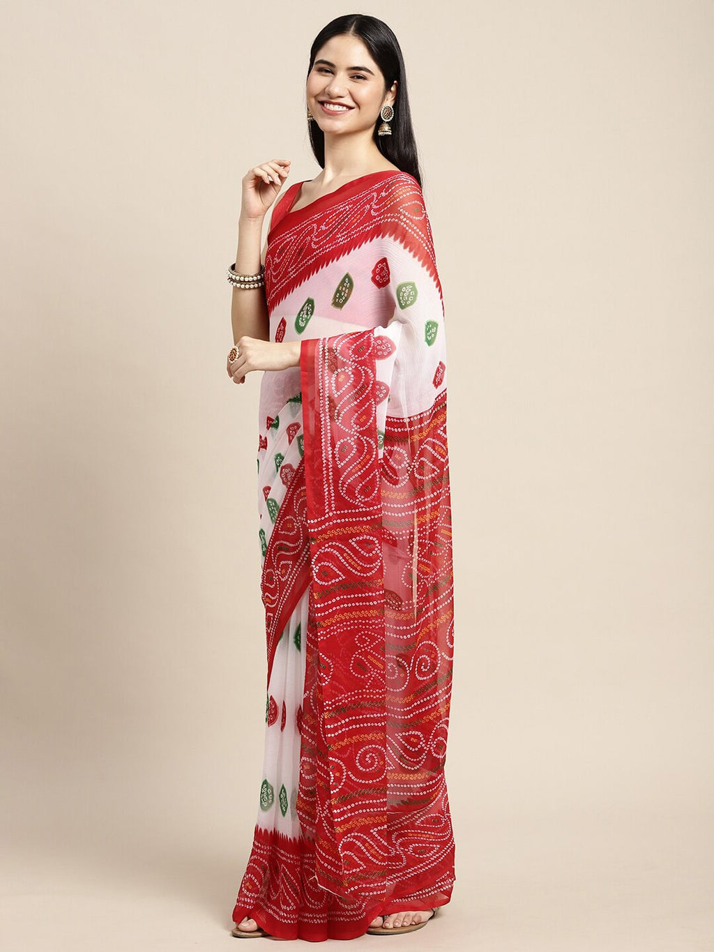 Saree Mall White & Red Printed Bandhani Sarees - Distacart